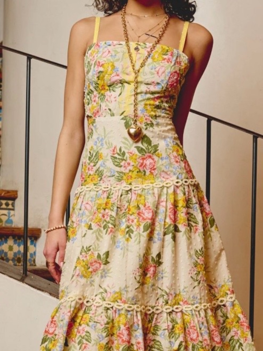 Adrianna Papell Cream Midi Dress with Pink & Yellow Floral Print - Picture 6 of 8